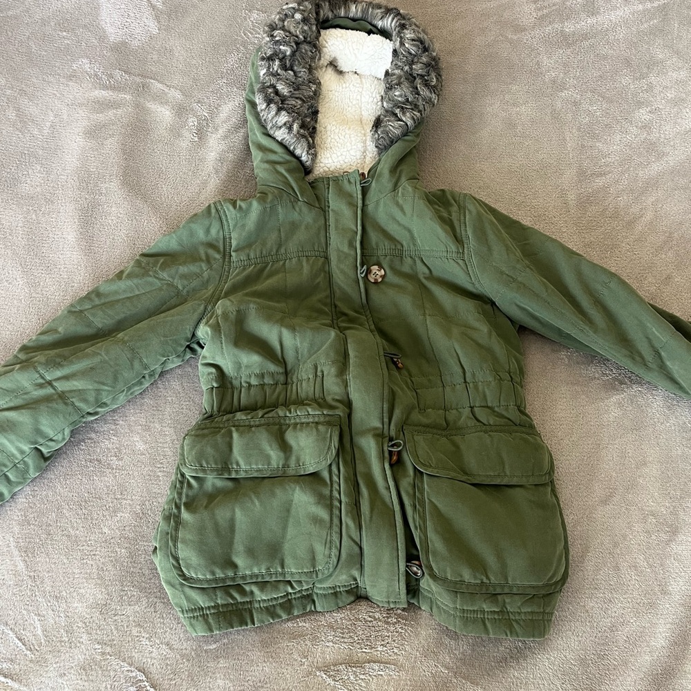 Bernardo Kids Olive Puffer Jacket with Faux Fur Hood